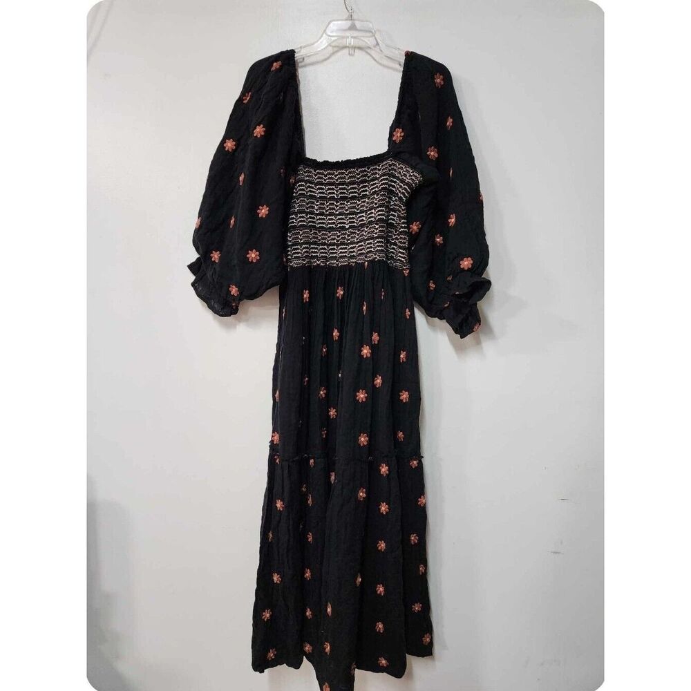 Free People Dahlia Embroidered Maxi Dress Black Combo Smocked Floral  B37 - Picture 6 of 9
